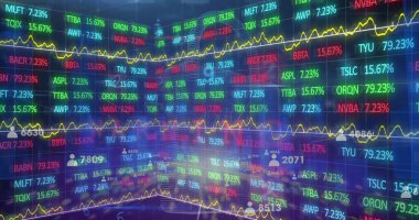 Sarı çizgi çizelgeleriyle ticaret merkezi üzerinde kaydırma işaretleri ve yüzde değerleri gösteriliyor. Gelecek, veri, analitik, teknoloji, finans, görselleştirme, ağ