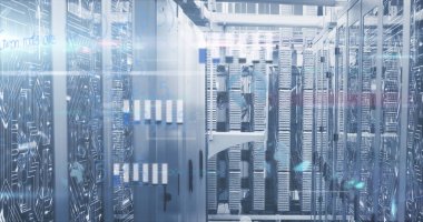 Soğutulmuş veri merkezinde yanıp sönen LED 'leri gösteren sunucu raflarının merkezi koridoru, kablo tepsileri gösteriliyor. Teknoloji, veri, altyapı, sanayi, fütüristik, güvenlik, dijital