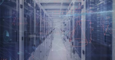 Sunucu raflarındaki LED gösterge ışıklarını vurgulayan merkezi veri merkezi koridoru gösteriliyor. Teknoloji, veri, siber güvenlik, ağ, dijital, endüstriyel, fütürist