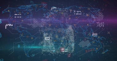 Sanal ızgarayı parlayan düğümler, devre çizgileri ve sayısal örtülerle kaplayan dünya haritası gösteriliyor. Teknoloji, yenilik, soyutlama, veri görselleştirme, siber güvenlik, dijital arayüz, gelecekçilik