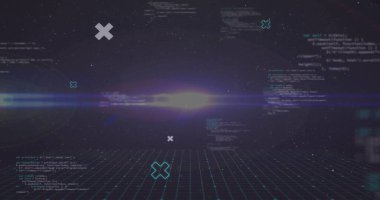 Karanlık 3D ızgara zemin üzerinde parlayan merkezi ışık demeti, yüzen kod, şeffaf işaretler. Fütürist, dijital, soyut, sürükleyici, yüksek teknoloji, siber, sanal