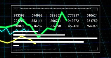 Ekranda altı basamaklı sayılar, renkli grafikler ve çubuklar içeren eğilimleri gösteren beyaz panel gösteriliyor. Teknoloji, analitik, panel, veri, görselleştirme, arayüz, dijital