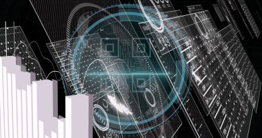 Rotating holographic HUD overlay scanning panels and projecting 3D bar chart in virtual data hub. Futuristic, technology, immersive, analytics, digital, interface, visualization