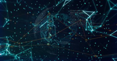 Displaying wireframe globe spinning in cyber network with teal nodes, data points and code snippets. Technology, cybersecurity, digital, innovation, data visualization, network, futuristic
