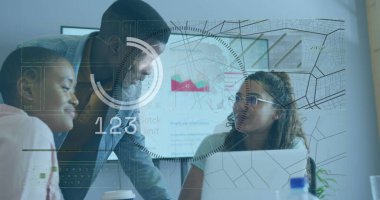 Analyzing data three coworkers leaning over office table, using laptop and floating charts and map. Collaboration, teamwork, innovation, digital, technology, modernity, analytics