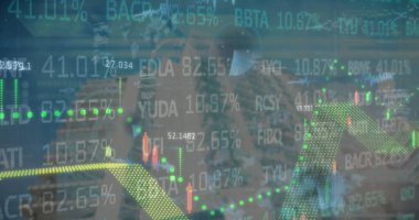Financial analyst studying transparent display in trading office with stock charts and trend line. Technology, finance, analysis, data visualization, innovation, business, modern