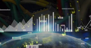 Showing planet Earth rotating in space, overlaid with semi-transparent data panels, network cables. Futuristic, technology, analytics, digital, innovation, visualization, networking