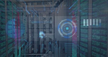 Displaying server rack bank projecting holographic HUD overlay in server room, with patch cables. Technology, cybersecurity, innovation, futuristic, digital, data, network