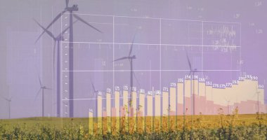 Overlaying bar and line charts with grid axes over rural meadow, with turbines, numeric labels. Renewable energy, sustainability, digital analytics, ecological, eco-friendly, futurism, environmental technology
