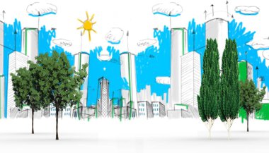 Ufuk çizgisine karşı ağaçların dijital olarak oluşturulmuş görüntüsü