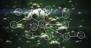 Displaying green virus with spike proteins connecting to white user icons in digital network. Microbial, cybersecurity, futuristic, technological, digital, health, innovation