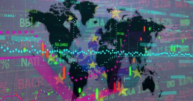 Displaying world map overlaid with colorful data points and bar charts, tickers, arrows on screen. Abstract, data visualization, digital, futuristic, analysis, technology, financial