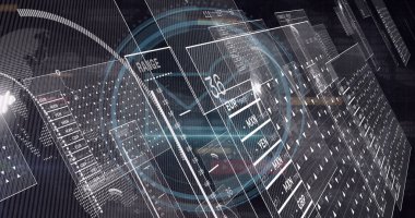 Floating translucent 3D panels in digital visualization space, showing currency code readouts. Holographic, futuristic, data, technology, interface, digital, cyber