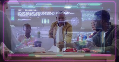 Leaning man in bomber jacket viewing neon holograms in meeting room with laptops documents mug pens. Collaboration, innovation, technology, teamwork, corporate, futuristic, professional