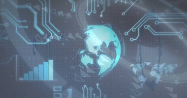 Sanal gösterge panelinde dönen üç boyutlu küreyi, şebeke örtüsü, devre çizgileri ve çubuk grafiği ile göstermek. Gelecek, teknoloji, veri, görselleştirme, arayüz, dijital, soyutlama