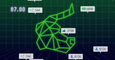 Floating neon green polygonal bull head glowing in virtual grid space, with social media metrics. Futuristic, digital, data, analytics, technology, gaming, interface