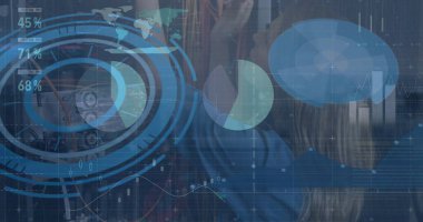 Reaching female IT technician organizing Ethernet cables in data center, with digital overlays. Technology, data, cybersecurity, innovation, networking, digital, infrastructure