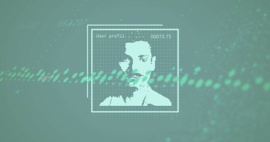Displaying pixelated user profil avatar on teal interface with grid, code 00073.73 and waveform. Futuristic, technology, identity, biometrics, digital, cyber, interface