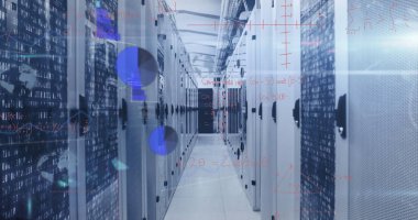 Streaming binary code overlays and math equations across data center corridor, with server racks. Technology, data, cybersecurity, innovation, digital, infrastructure, networking