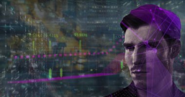 Projecting purple network financial data overlays on jacketed man against night skyline, copy space. Technology, analytics, innovation, digital, urban, futuristic, business