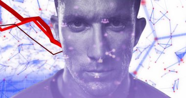 Showing adult male overlaid with red graph, purple icons and blue network lines in virtual space. Analytics, technology, innovation, futurism, data, communication, digital