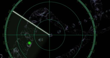 Radar taranıyor. Kablo kümeleri ile dairesel ızgara görüntüleniyor. Işın ve sinyal taranıyor. Teknoloji, arayüz, görselleştirme, izleme, navigasyon, gelecek, dijital