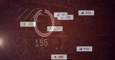 Displaying circular progress chart with 155 and floating notification widgets on digital dashboard. Futuristic, analytics, interface, data, dashboard, technology, monitoring