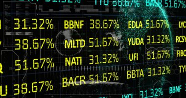 Displaying digital UI showing yellow percentages and ticker symbols on grid map, with teal globe. Futuristic, technology, analytics, visualization, data, automation, innovation