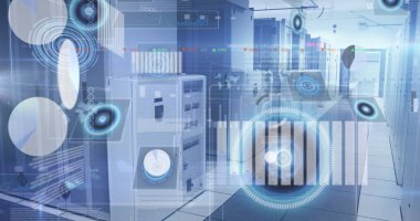 Displaying server racks showing holographic interfaces in data center corridor, with cable trays. Technology, infrastructure, cybersecurity, digital, innovation, modern, network