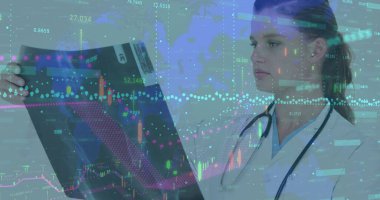 Female doctor holding and examining x-ray film in lab, with stethoscope, data overlays, copy space. Medical, healthcare, diagnostics, technology, data, analytics, futuristic