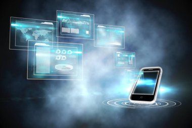 Presenting 3D render smartphone on base emitting blue glow, floating screens showing map and charts. Futuristic, technology, innovation, data visualization, digital interface, virtual environment, holography