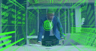 Leaning man in suit examining holographic projections in conference room, with laptop papers water. Futuristic, technology, innovation, analysis, data, interface, corporate