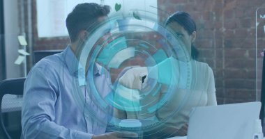 Collaborating coworkers viewing holographic interface at office desk, with laptop whiteboard sketch. Technology, teamwork, innovation, modernity, productivity, workspace, digital