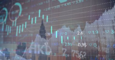 Ufuk çizgisi görünümünde şamdan ve çizgi grafiklerini sayısal göstergelerle gösteren mali örtüşme. Finans, veri görselleştirme, yatırım, analitik, teknoloji, dijital, kentsel