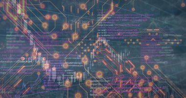 Koyu mavi ızgara üzerinde parlayan düğümler ve devre çizgileri ile ağ görselleştirmesi gösteriliyor, kod ile. Teknoloji, siber güvenlik, veri analizleri, fütüristik, dijital sanat, bilgi akışı, görselleştirme