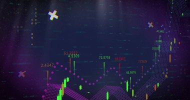 Displaying financial chart on digital dashboard, with neon candlestick bars and magenta data dots. Technology, analytics, ui, hud, innovation, progress, data visualization