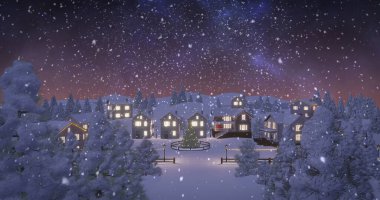 Glowing decorated Christmas tree standing at snowy village square, with wooden fence and pine trees. Winter, festive, cozy, scenic, enchanting, magical, holiday