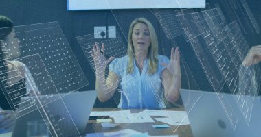 Gesturing businesswoman raising hands at conference table, with laptops and chart overlays. Professional, teamwork, collaboration, corporate, strategy, presentation, leadership