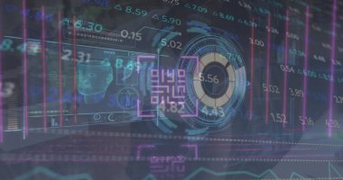 Suit-clad colleagues studying holographic data in lab, with financial charts and biometric icons. Futuristic, technology, data, visualization, corporate, innovation, analytics