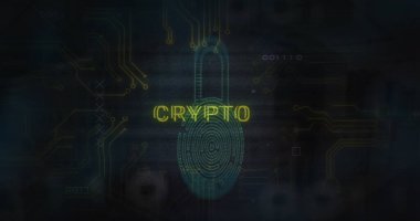 Displaying neon padlock icon and fingerprint on dark digital interface, glowing CRYPTO text. Cybersecurity, digital, futuristic, encryption, technology, security, blockchain