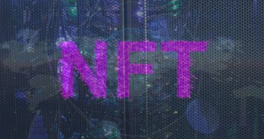 Displaying magenta NFT letters glowing in low-lit digital art showcase, with hex grid fragments. Futuristic, cyber, vibrant, abstract, digital, geometric, neon