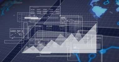 Yarı saydam UI panellerde süzülerek tabloları ve çizgi çizelgelerini dünya haritası ile ızgara arayüzünde gösteriyor. Teknoloji, veri görselleştirme, fütüristik, analitik, dijital arayüz, ağ, bilgi
