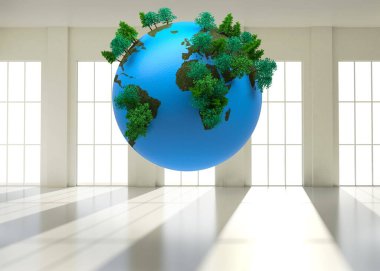 3D stylized Earth globe is floating inside white gallery interior, sprouting green forest clusters. Sustainability, environmental, ecological, conservation, minimalism, futuristic, interior