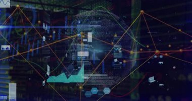 Sunucu rafları açılıyor, 3 boyutlu küre döndürülüyor ağ üzerinde titreşen düğümler bağlanıyor, veriler görselleştiriliyor. Siber uzay, veri, görselleştirme, dijital, ağ, teknoloji, analitik