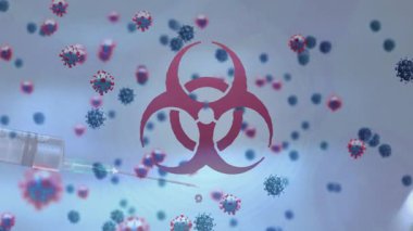 3 boyutlu şırınga yüzeye damlıyor ve virüs taşıyan biyolojik tehlike ikonu etrafında dalgalanmalara neden oluyor. Tehlike, kirlilik, sağlık, risk, laboratuvar, moleküler, güvenlik