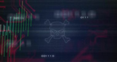 Kafatası ana hatları belirdiğinde, parmaklıklar yükseliyor ve devreler, hackleme tehdidini görselleştirmek için titreşiyor. Siber güvenlik, veri görselleştirme, dijital matris, ağ güvenliği, teknolojik arayüz, geleceksel tasarım, veri analizi