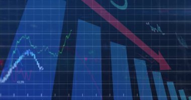 Animasyon başlatıldığında ok eğimlerini ve piyasa eğilimlerini gösteren dalgalanan çizgileri dolduran grafik çubukları başlatılır. Finansal, veri, analiz, görselleştirme, teknoloji, analitik, şirket