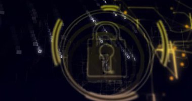 Boş başlama halkalarında ortaya çıkan asma kilit güvenlik için titreşen çift haneli parlayan devreler. Güvenlik, şifreleme, siber güvenlik, teknoloji, dijital, koruma, yenilik