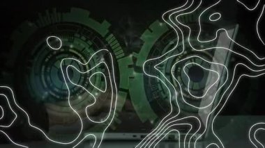 beyaz hatlar veri bağlantılarını görselleştirmek için şekil alırken dizüstü bilgisayarda düz yeşil arayüzler ortaya çıkıyor. Teknoloji, veri görselleştirme, siber, dijital, ağ, geleceksel, arayüz