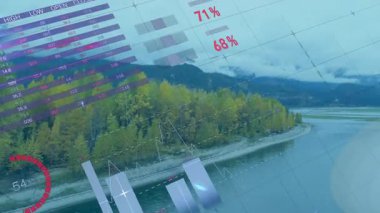 Açılışta hava nehri vadisinde şeffaf veri göstergesi soluyor, piyasa eğilimlerini gösteriyor. Finans, analitik, panel, teknoloji, veri görselleştirme, endüstri, yatırım